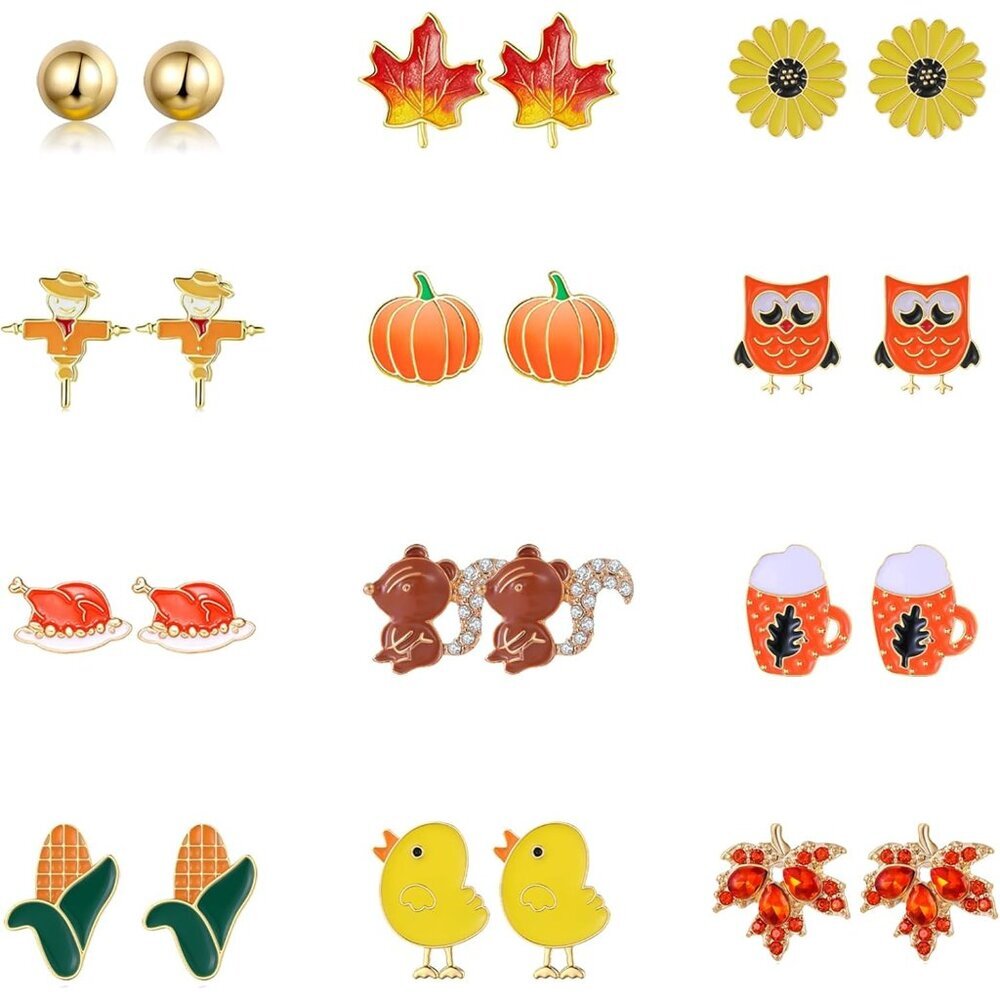 12 Pairs Hypoallergenic Fall Thanksgiving Earrings Set for Women Girls Pumpkin M